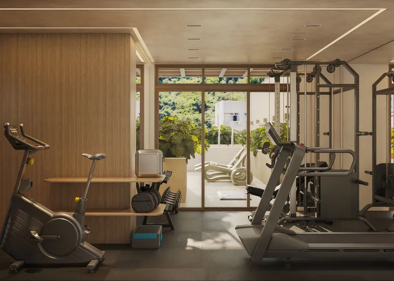 Espaço fitness do rooftop do Be in Rio Nascimento Silva 45, com esteira, bicicleta e equipamentos