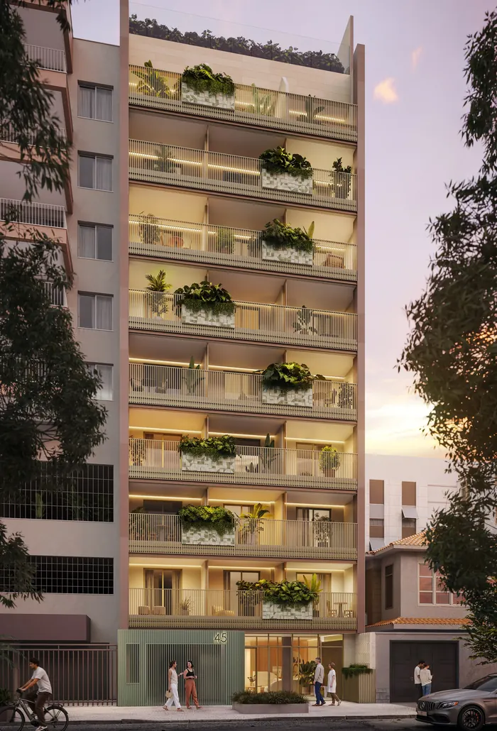 Fachada do Be in Rio Nascimento Silva 45 ao entardecer, com varandas, jardineiras e painel ripado