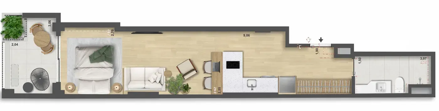 Planta do apartamento 201 a 901 com varanda do Be in Rio Nascimento Silva 45, com 44,30 m²