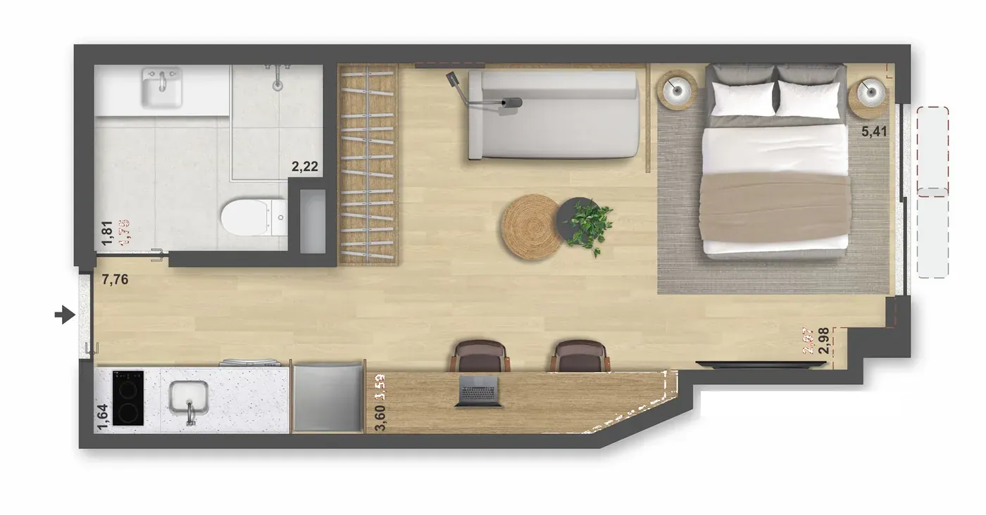 Planta do apartamento 205 a 905 do Be in Rio Nascimento Silva 45, com 29,16 m²