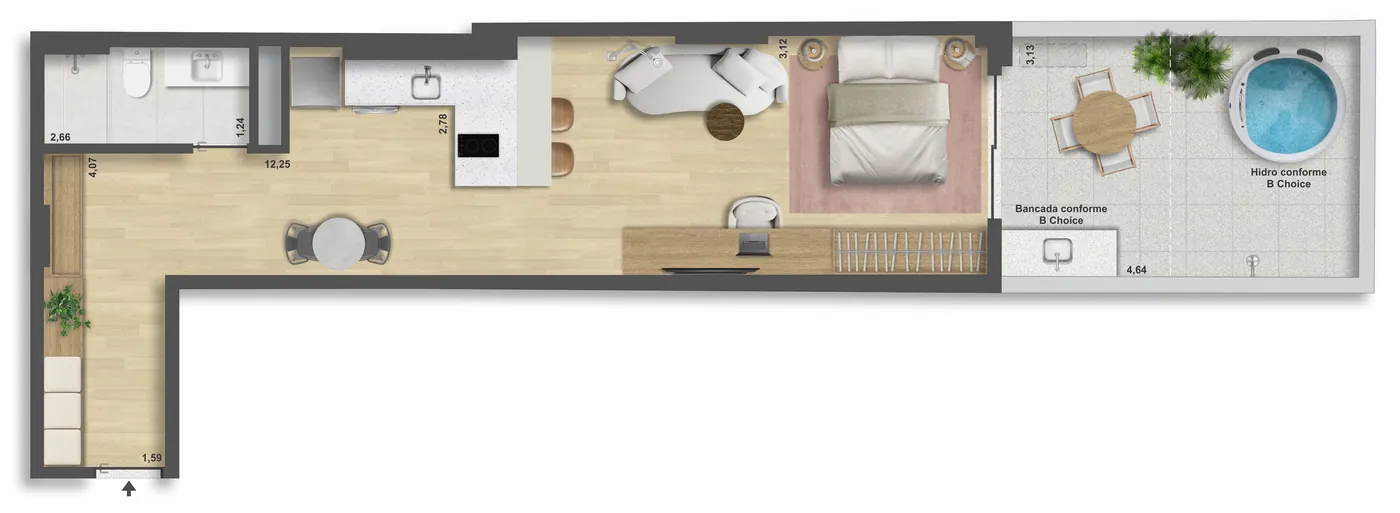 Planta do garden 103 do Be in Rio Nascimento Silva 45, com 62,88 m² e terraço descoberto com hidro